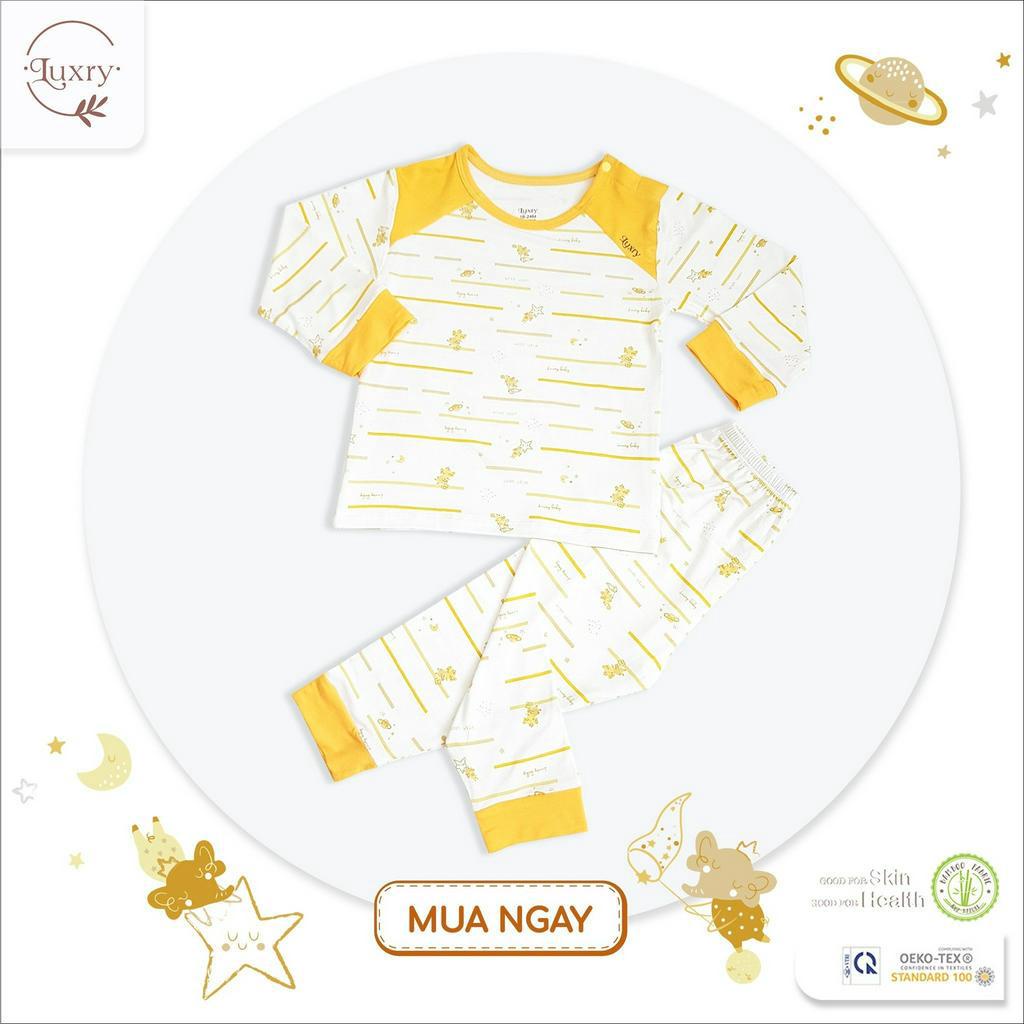 Bộ quần áo dài cài vai phối họa tiết đáng yêu sang trọng thương hiệu Luxry cho bé trai, bé gái từ vải sợi tre cao cấp