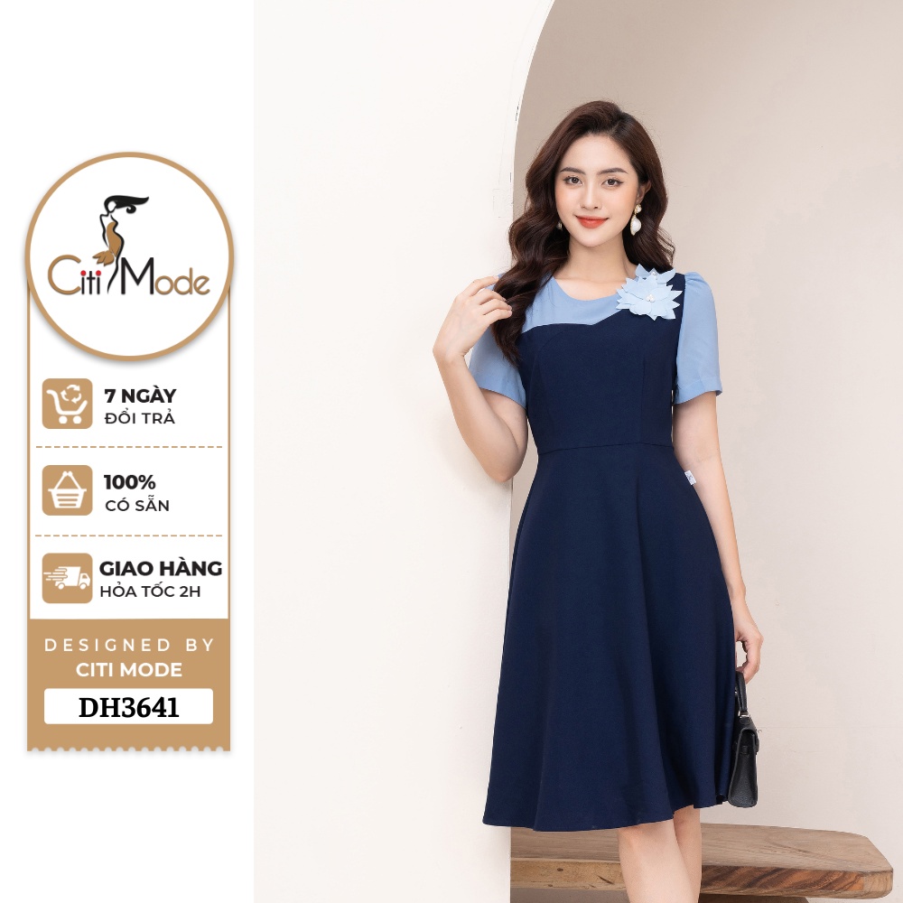 Đầm công sở CITI MODE FASHION dáng xoè tím than phối hoa đính ngực DH3641