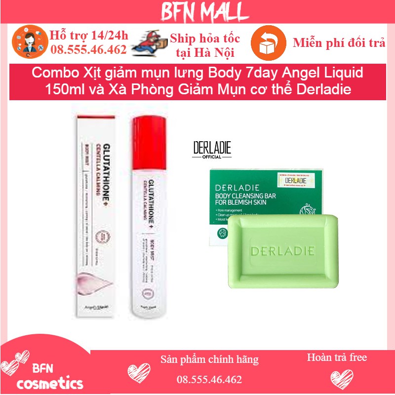 Combo Xịt giảm mụn lưng Body 7day Angel Liquid 150ml và Xà Phòng Giảm Mụn cơ thể Derladie