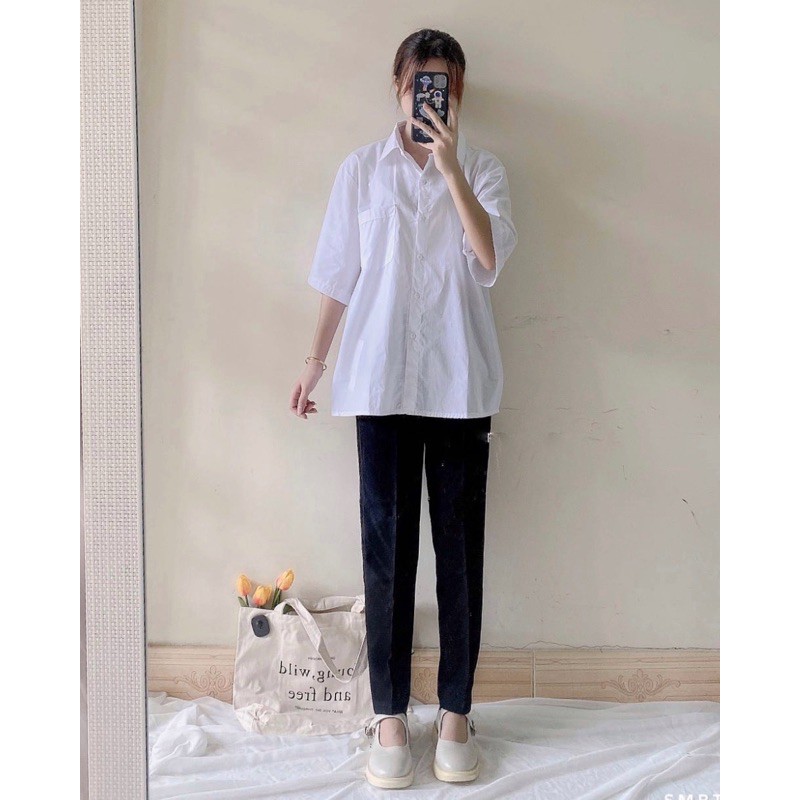 Áo Sơ Mi Trắng Tay Lỡ Có Túi basic Unisex chất vải lụa mềm mịn from rộng fullsize