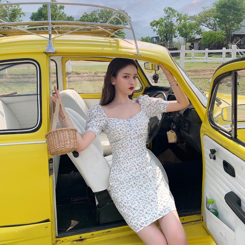 Đầm ngắn tay bằng voan họa tiết hoa phong cách retro Hàn Quốc thời trang dành cho nữ