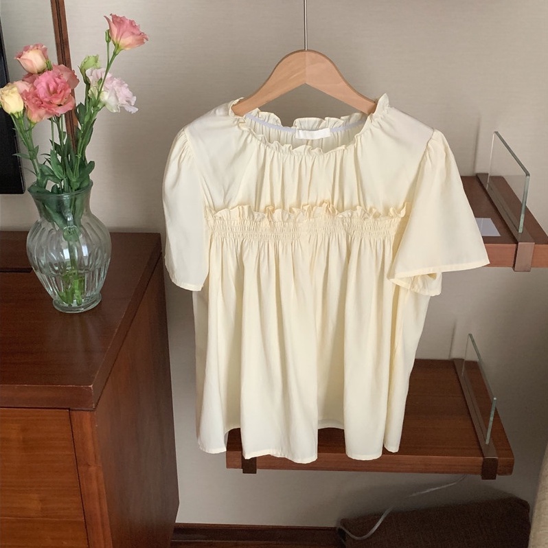 Áo kiểu Peppermint 53699 cổ tròn ngắn tay phối ren màu kẹo ngọt thời trang hè