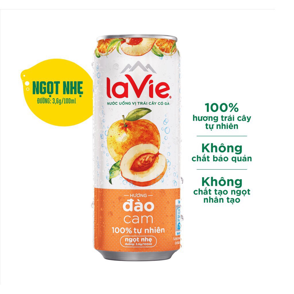 Thùng 24 lon nước uống vị trái cây có ga Lavie Sparkling - Hương Chanh Bạc Hà,Đào Cam, Dâu Việt Quất