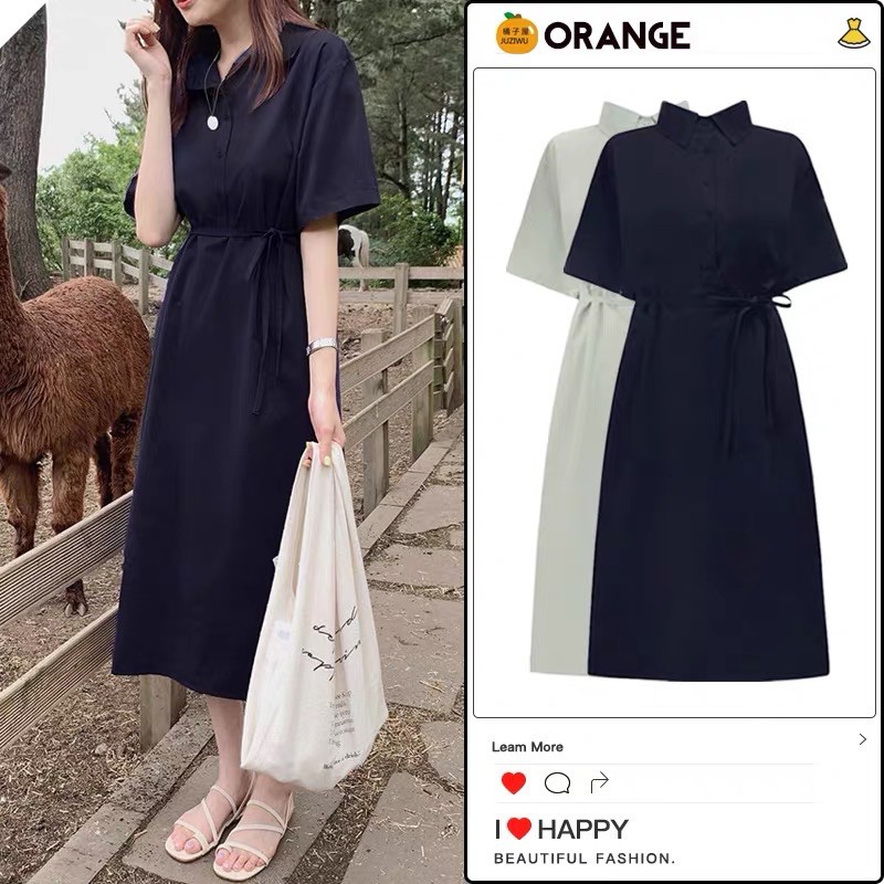 VÁY SUÔNG CỔ SƠ MI HÀN QUỐC VINTAGE THẮT DÂY DÀI QUÁ GỐI