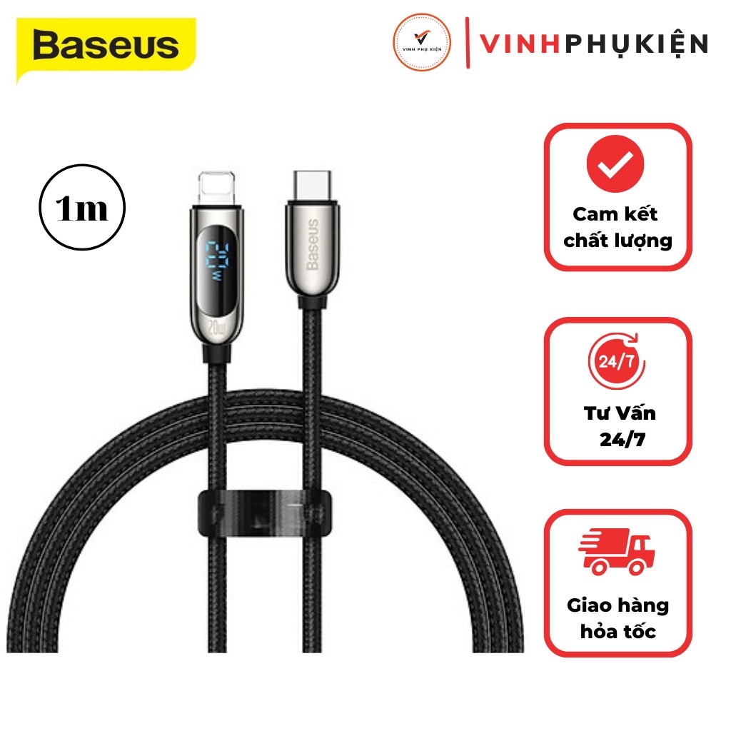 Cáp sạc nhanh IP20w baseus hỗ trợ truyền dữ liệu hiển thị thông số led 2 đầu bọc hợp kim cao cấp dây bọc dù chống gập
