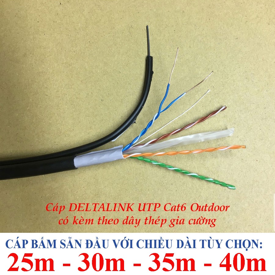 25m/30m/35m/40m Cáp mạng ngoài trời DELTALINK chuẩn Cat6 lõi lớn 23AWG bấm sẵn đầu kết nối có dây thép gia cường