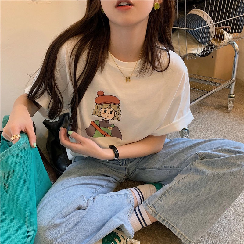 Áo Thun Ngắn Tay Dáng Rộng In Họa Tiết Xinh Xắn Theo Phong Cách Mùa Hè Dành Cho Nữ