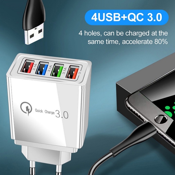 Củ Sạc Nhanh Đa Năng, Có 4 Cổng USB, Sạc Rất Nhanh Có Led Định Vị Ban Đêm, cục sạc XIAOMI OPPO