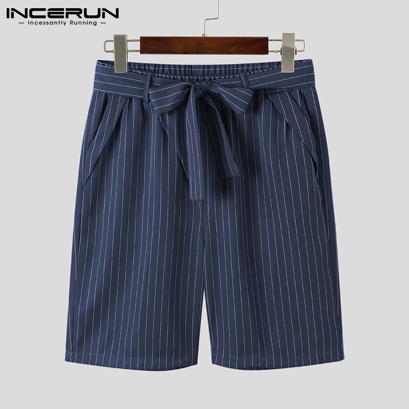 Quần INCERUN dáng rộng phối dây đai thiết kế kẻ sọc phong cách Hàn Quốc thời trang cho nam