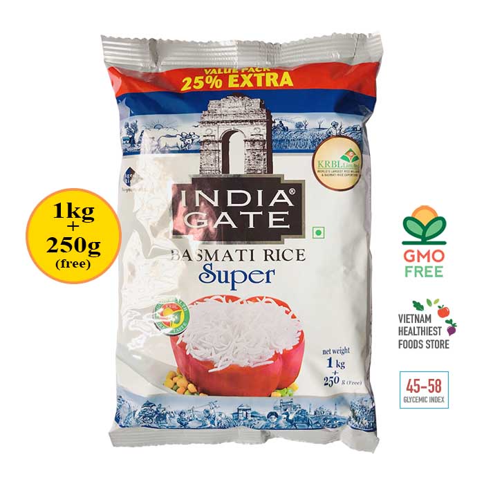 Gạo Basmati India Gate Super Ấn Độ (bao bì mới tặng thêm 200g) - Túi 1.2kg