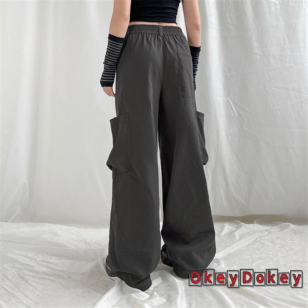 Quần Lưng Thấp Dáng Rộng Có Túi Lớn Màu Trơn Cho Nữ