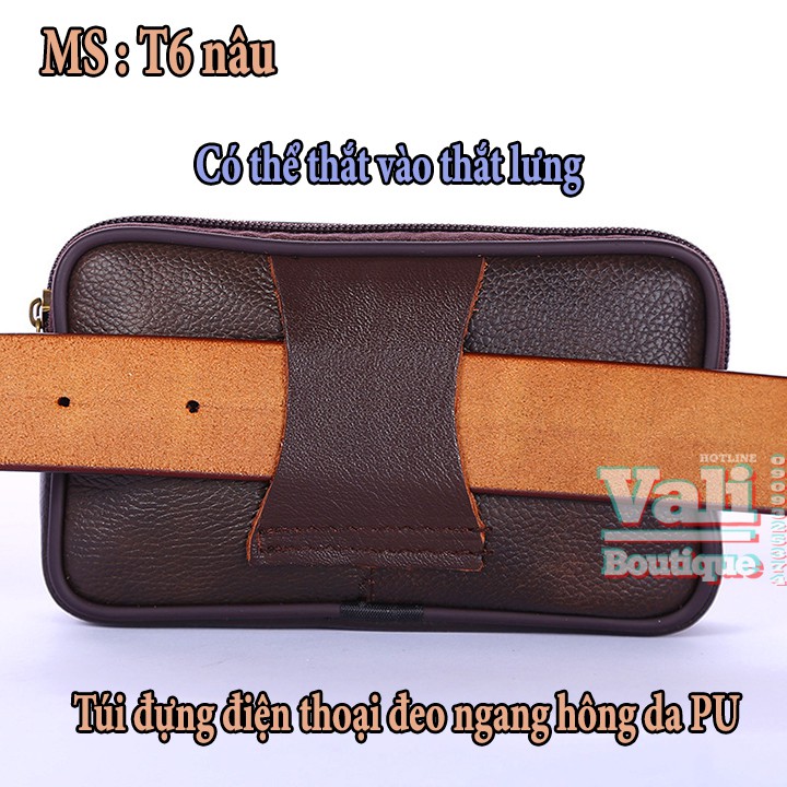 Túi đựng điện thoại da bò đeo hông kiểu ngang T6 3 dây kéo nhiều ngăn - Túi đeo thắt lưng da bò kiểu ngang - nâu, xám.