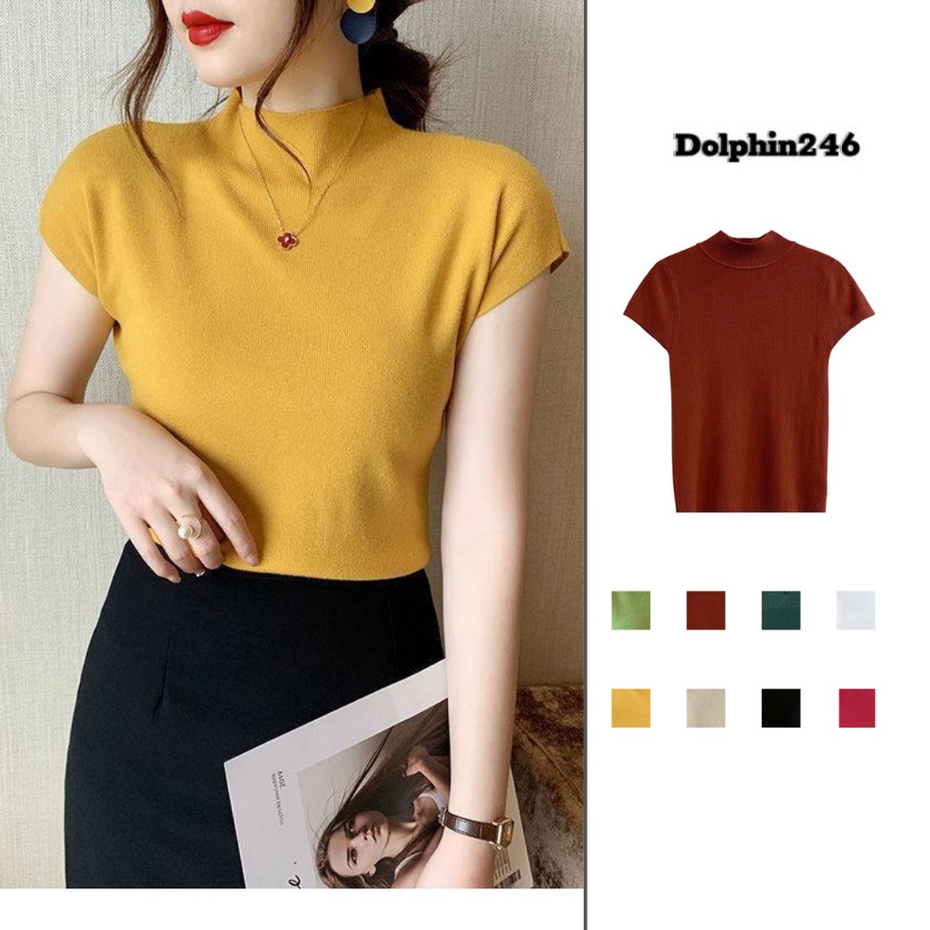 Áo Len Nữ Dệt Kim tay hến Cổ Lọ Tay Ngắn Màu Trơn Dáng Ôm Thời Trang Kiểu Hàn Quốc F-6