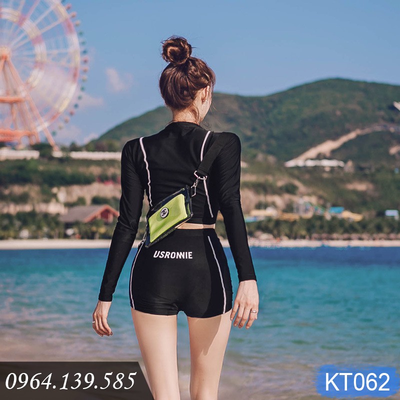 [LẺ SIZE 51-56kg] - Bikini 2 mảnh tay dài chống nắng, quần đùi cạp cao kín đáo, màu đen khỏe khoắn | KT062