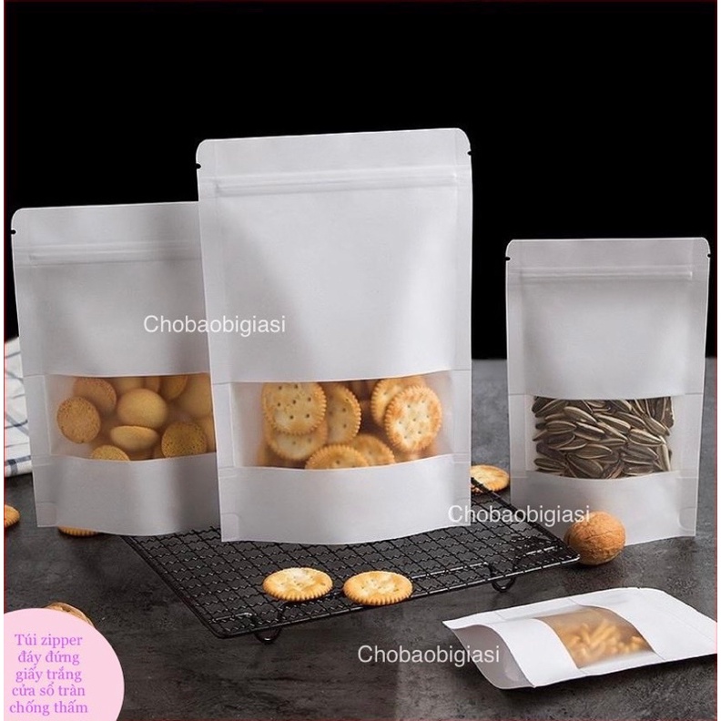 {Giá sỉ 10kg/ size} Túi zipper giấy Kraft Màu VÀNG/TRẮNG đáy đứng cửa sổ tràn có CÁN MÀNG - CHỐNG THẤM NƯỚC (sp y hình