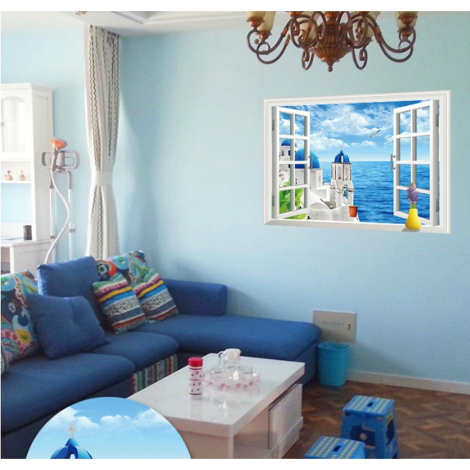 Decal trang trí khung cửa sổ 3D Lâu Đài trắng và biển xanh