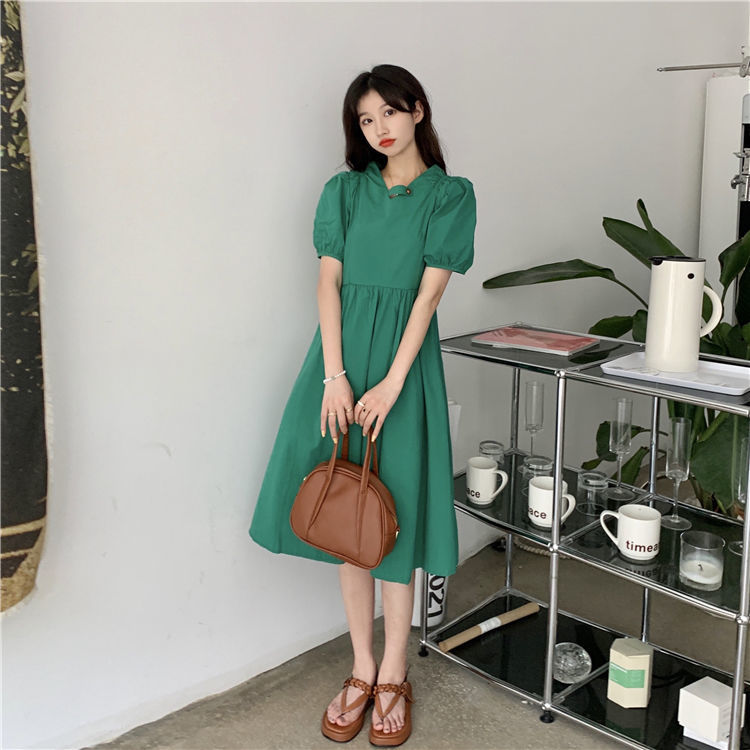 Yunyun Clothing Home ~ Summer 2021 New Korean Design Sense Neckline Buckle Lace Up Waist Short Sleeve Dress[delivery Within 15 Days ]