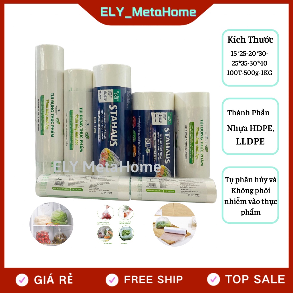 Túi đựng thực phẩm tự hủy sinh học siêu thị green eco KT 100 túi, 300g,500g,1kg.