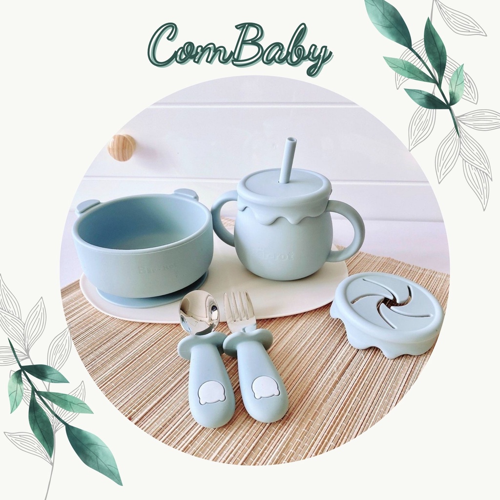 Bát có đế hít Thìa Dĩa Cốc tập hút ăn dặm Bar rot - Sét Thìa Nĩa cao cấp cho bé