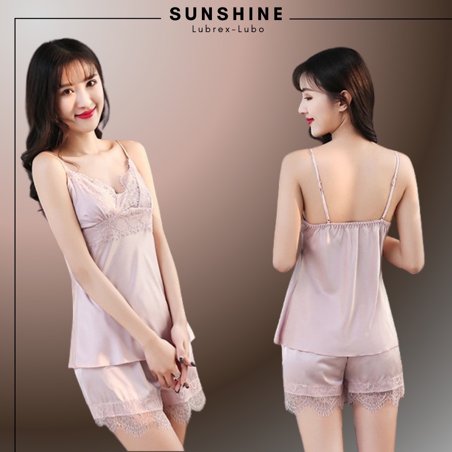 Bộ Đồ Ngủ Nữ Mặc Nhà  Áo 2 Dây Quần Cộc Phối Ren Nữ Tính Lụa Trơn Cao Cấp MÀU HÔNG SUNSHINE MNT230