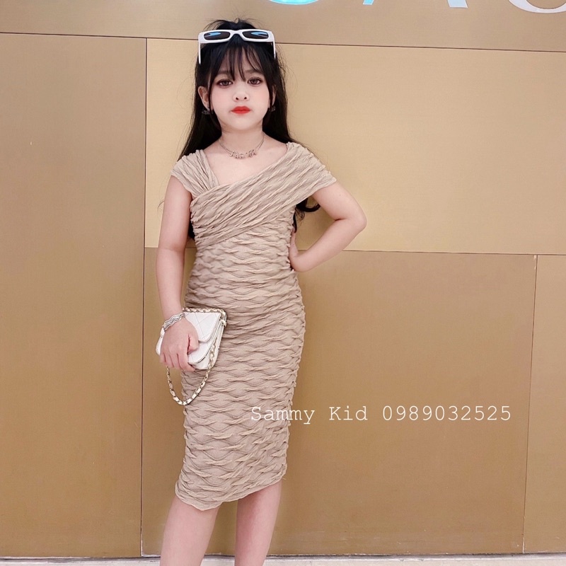 Váy body trễ vai xốp nhăn cao cấp size đại cho bé 15-40kg sang chảnh nữ tính cho bé gái