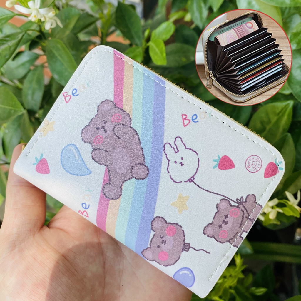 Ví nữ mini cầm tay thời trang nhiều ngăn, bóp hoạ tiết cute chất liệu da PU