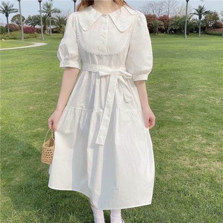 Váy Babydoll Cổ Bẻ Form Rộng Ulzzang - Đầm Babydoll Trắng Dài Qua Gối VD05