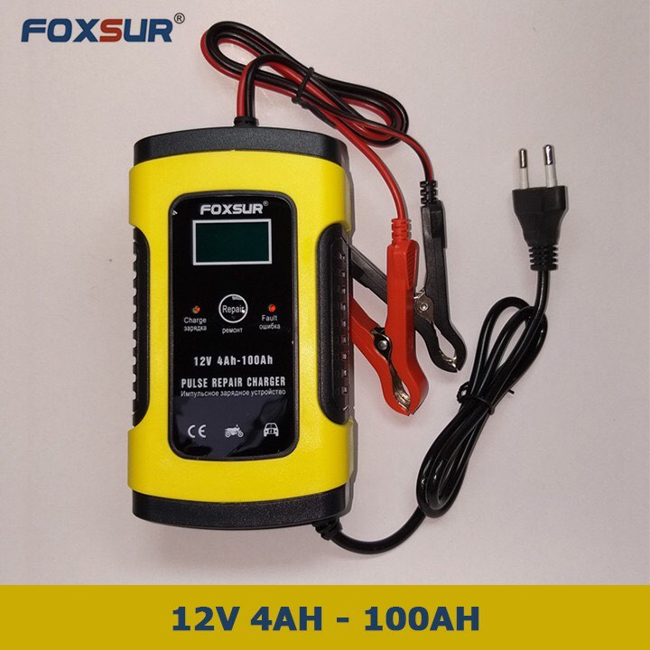 Bộ sạc acquy, máy sạc ắc quy FOXSUR 12V 5A kèm phục hồi bình,sạc bình oto xe máy,tự ngắt khi đầy