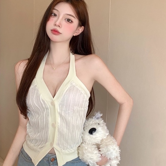 Áo Yếm Gân Cổ V Khuy Cài LSEOUL A2505 Chất Thoáng Mát Chống Nhăn Năng Động