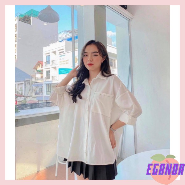 [EGANDA]  Áo sơ mi dài tay viền chỉ (trắng, đen) loại 1, sơ mi suông 2 màu, sơ mi lụa form rộng(Ảnh thật)