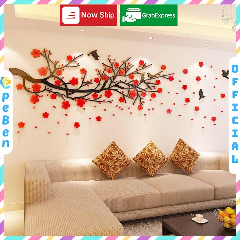 Tranh trang trí tết 2023 - Tranh dán tường mica 3d decor tranh hoa đào trang trí tết trang trí phòng khách, phòng ngủ