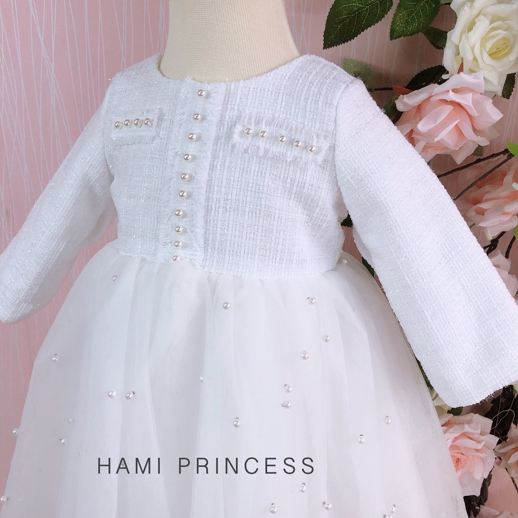 Váy Dạ Tweed Liền Thân Màu Trắng Ngọt Ngào Cho Bé Gái HAMI PRINCESS ❤️