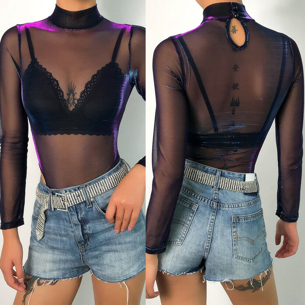 Bodysuit dài tay phối lưới xuyên thấu phong cách quyến rũ dành cho nữ
