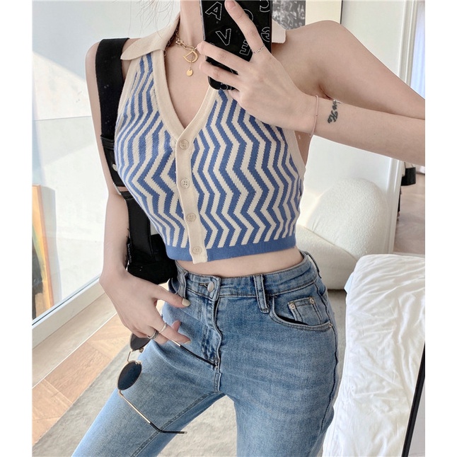 ⚡️Áo Yếm Cúc Sọc Xanh Cổ V Đức MELIAN TOP RA007 Chất Liệu Dệt Kim Siêu Dày Dặn Co Giãn Khoe Lưng Sexy Quyến Rũ RANSHI