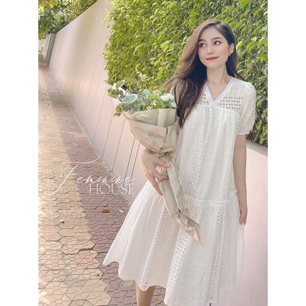 Đầm Xô Ren Trắng, Váy nữ nhấn tầng dáng dài Freesize diện hè du lịch đi chơi