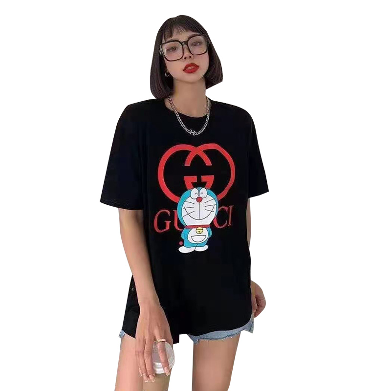 GUCCI Doraemon Women's Fashion Short Sleeve Cotton T-shirt Loose Round Neck Top