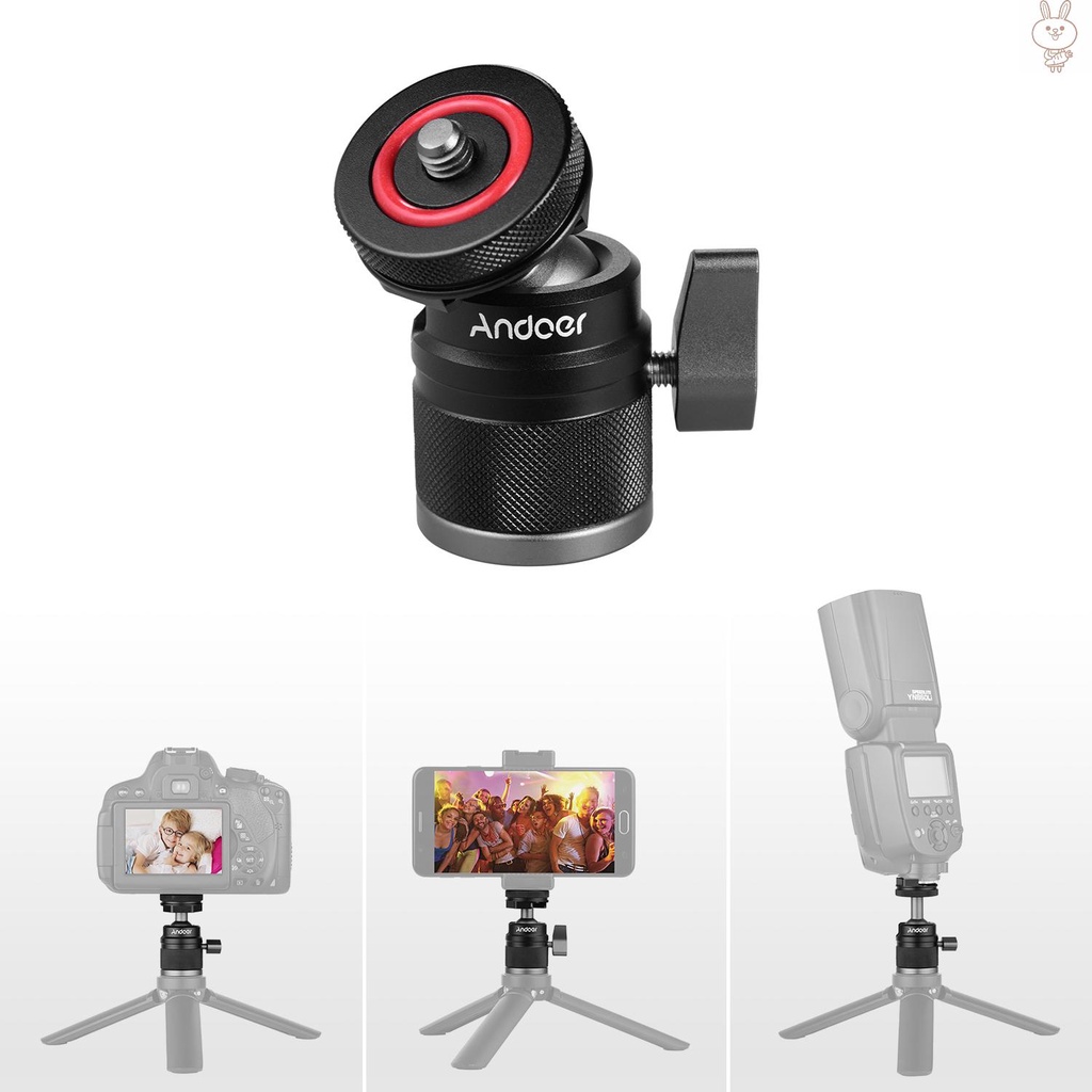 RD Andoer 2 in 1 Mini Cold Shoe Ball Head Dual Use with 1/4 Screw Cold Shoe Mount 360° Swivel Aluminum Alloy Compatible with Camera Phone Holder Speedlite Tripod Selfie Stick