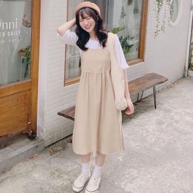 Set Váy Nữ, Bộ Yếm Kaki Mix Kèm Áo Thun Cotton/ Set Yếm Nữ Áo Thun Dáng Rộng