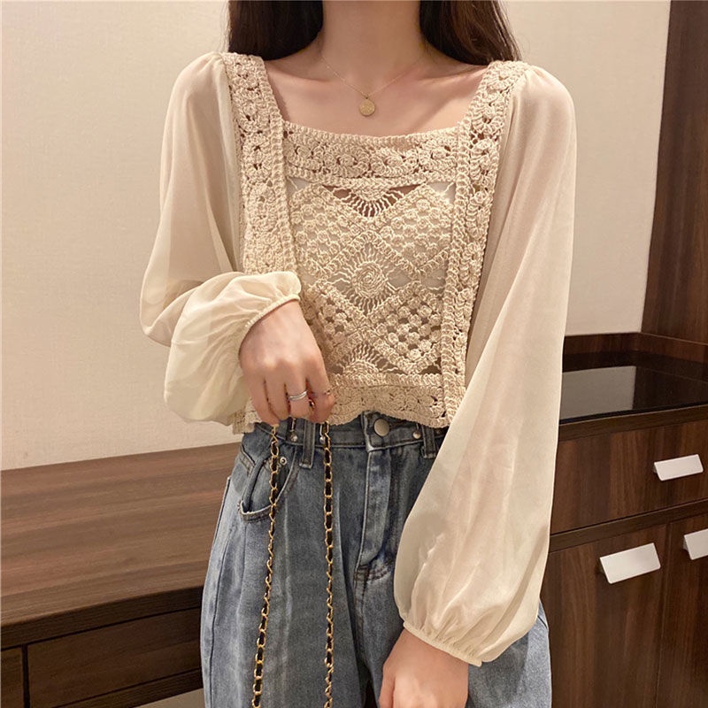 Áo Sơ Mi Chiffon Mỏng Tay Dài Cổ Vuông Phong Cách Pháp Thanh Lịch Thời Trang Mùa Hè 2022 Mới Dành Cho Bạn Nữ