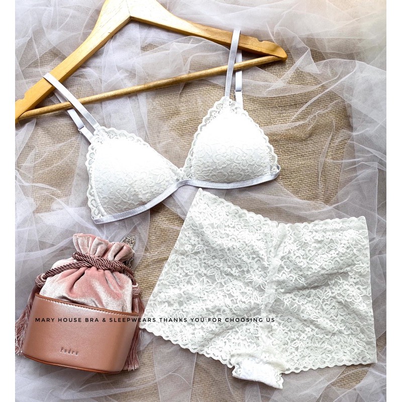Bộ Bralette Ren Mút Ngực Quần Đùi Trắng Mary House Bra & Sleepwears