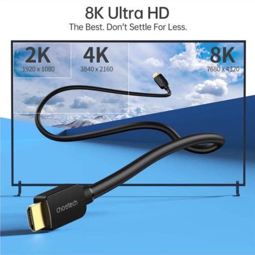 Dây Cáp HDMI 2.1 CHOETECH XHH03-BK Dài 2M Phân Giải Tối Đa 8K 48Gbps, 4K 120Hz  - Hàng Chính Hãng