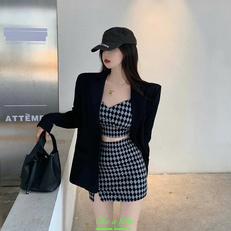 Bộ 2 món ZHELIHANGFEI áo dây dệt kim + chân váy cùng màu kẻ caro