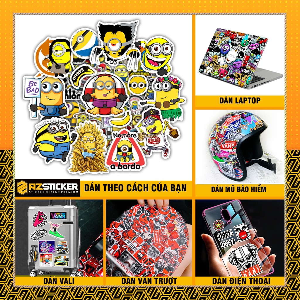 Bộ Sticker Minion Cute Dán Nón Bảo Hiểm , Dán Laptop , Dán Vali , Dán Điện Thoại , Dán Máy Tính Chống Thấm Nước