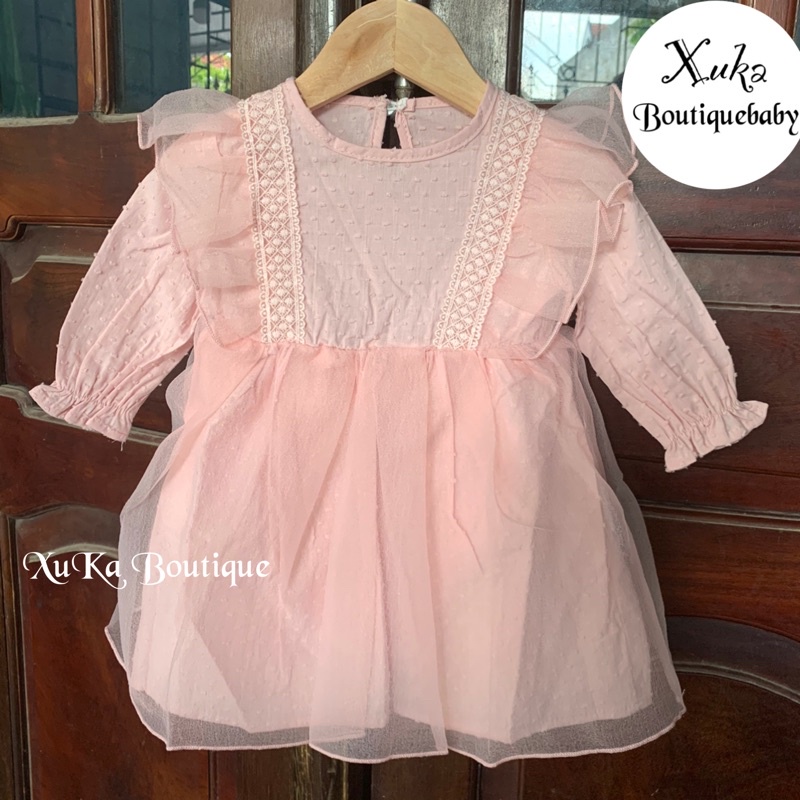 Váy công chúa bé gái màu hồng pha ren [Jennybebe] Váy sinh nhật màu hồng bé gái| Váy suit bé gái [ảnh thật shop chụp]