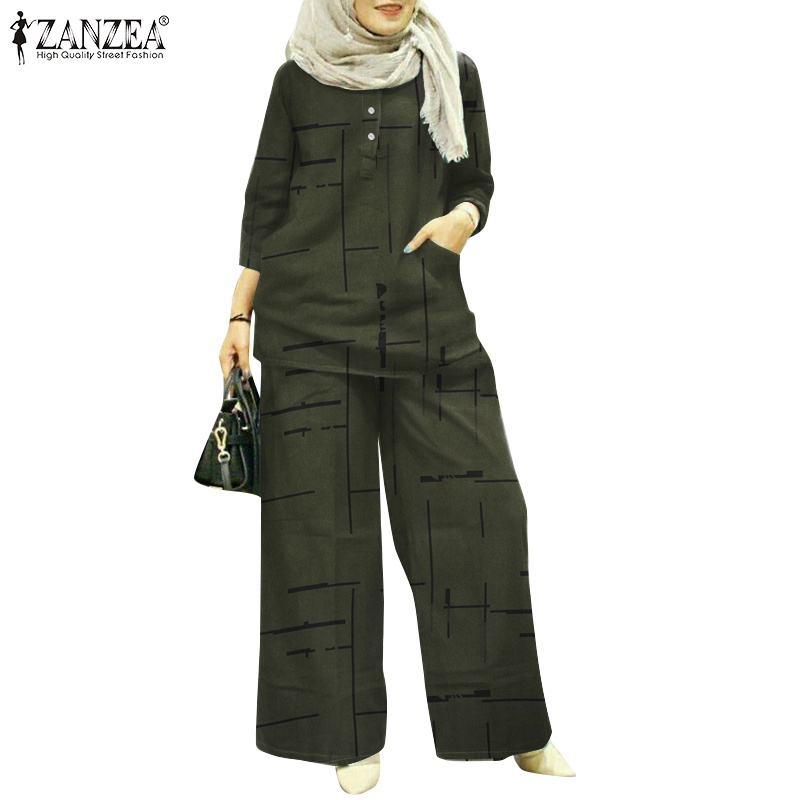 Set đồ ZANZEA gồm áo tay 3 / 4 phối nút và quần dài ống rộng lưng thun in họa tiết hồi giáo thời trang cho nữ