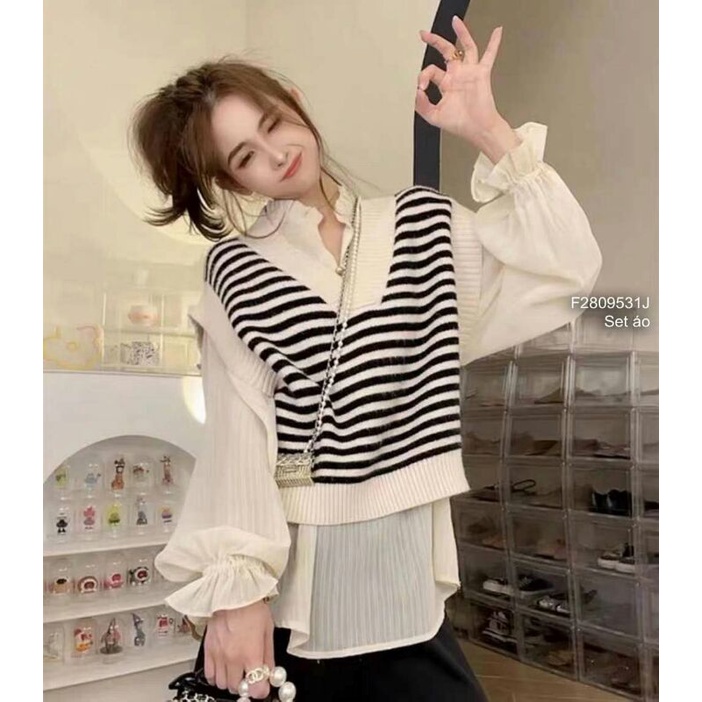 Set áo tơ tay dài bo phối áo gilê len kẻ sọc cổ tim sát nách hàng QC!