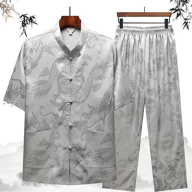 Summer ice silk Tang suit nam ngắn- Áo sơ mi lụa tay phù hợp với người trung niên và cao tuổi Người cha Trung Quốc ăn mặ