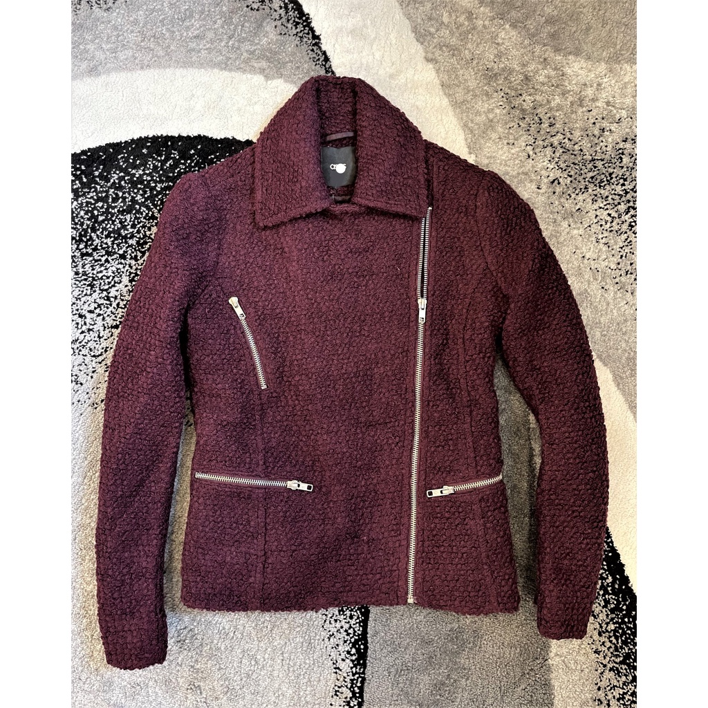 Khoác dạ Wool blend biker jacket /\sos dành cho Nữ. Vải wool 2 lớp dày dặn. Hàng chính hãng, xịn 100%. Đỏ Đô