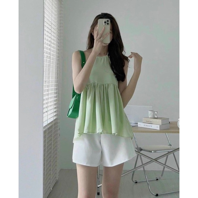 [Freeship] Hình thật - Set áo yếm peplum và short trắng hack tuổi, tôn da