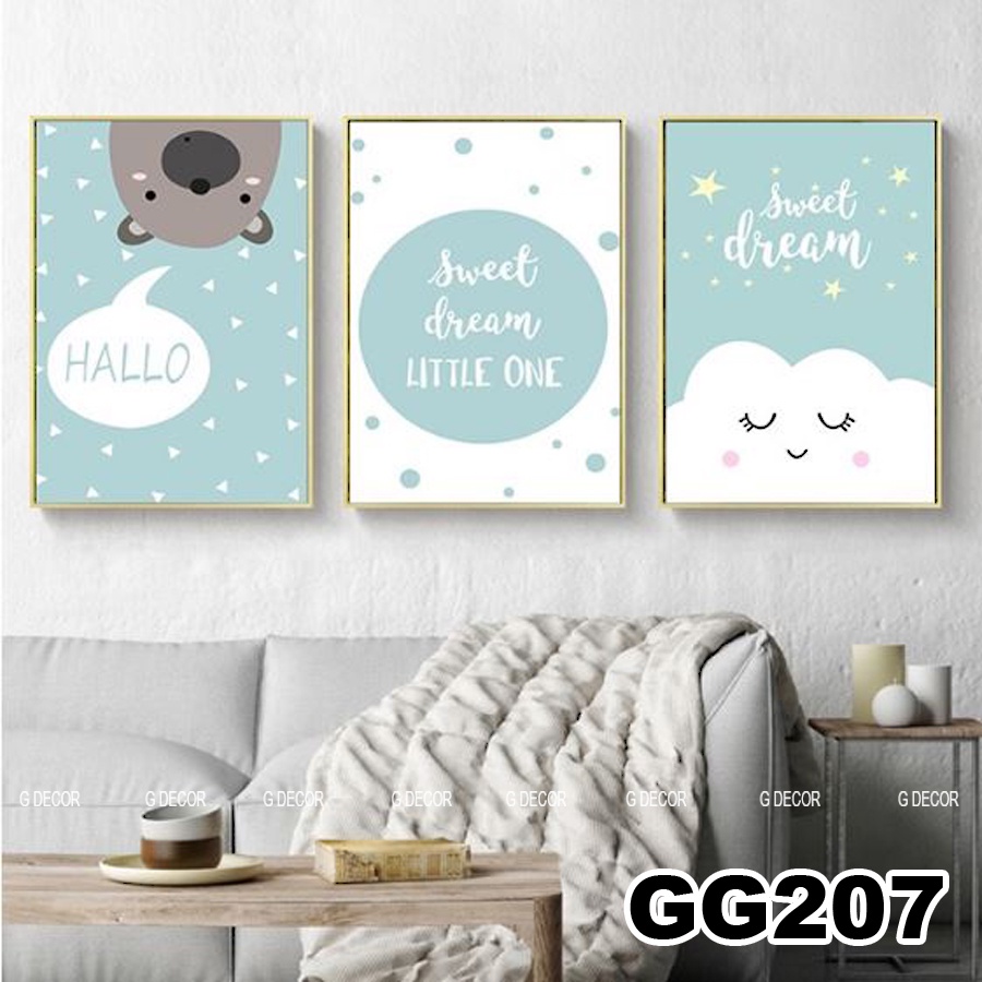 Tranh treo tường canvas khung gỗ 3 bức phong cách hiện đại Bắc Âu tranh anime trang trí phòng cho bé phòng ngủ spa 147